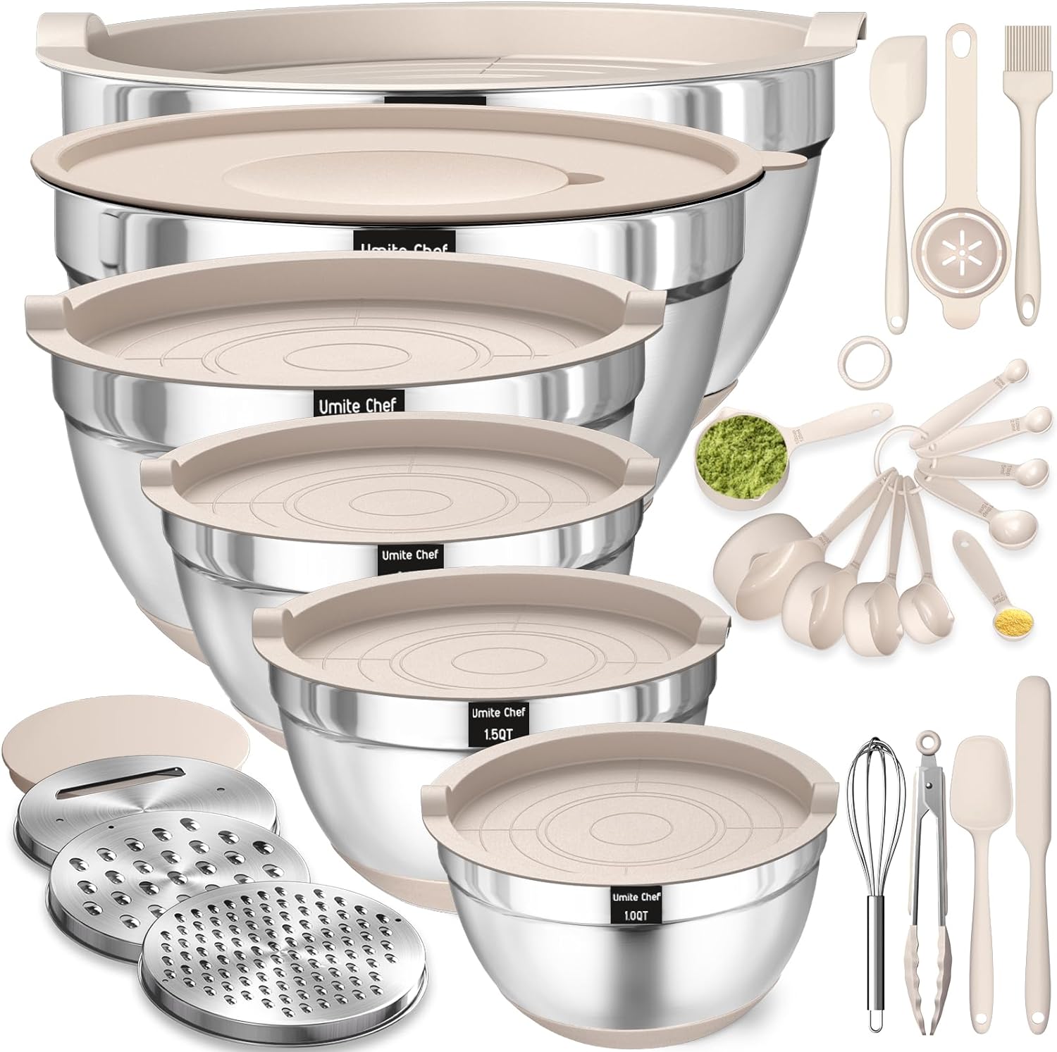 Stainless Steel Mixing Bowls Set by [Brand Name] - 26PCS with Airtight Lids & Grater Attachments | Non-Slip Bottoms, Khaki Color
