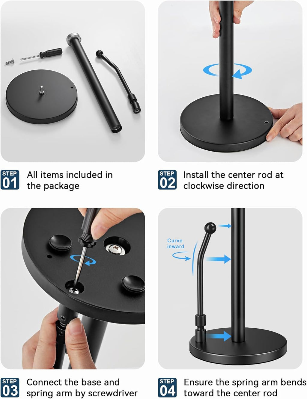 SMARTAKE Paper Towel Holder - Weighted Non-Slip Dispenser with Spring Arm for Most Roll Sizes - Black Stainless Steel