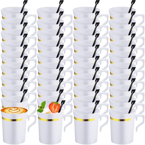 Bokon 100 Pcs Plastic Tea Cups Bulk with Handle and Spoon, 8 oz Reusable Teacups with Gold Rim, White Coffee Mugs for Bridal Shower, Wedding, Princess Tea Party Supplies (Gold Rim)