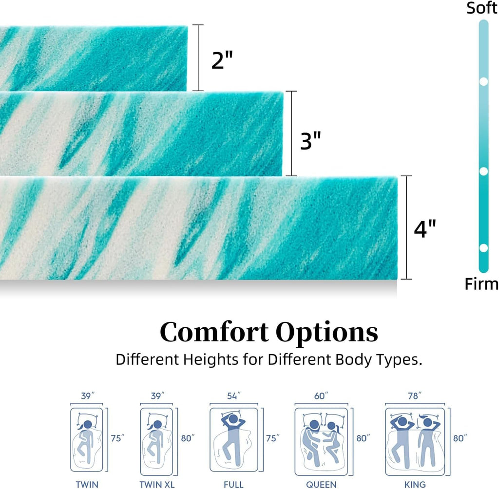 Skiennix 3-Inch Memory Foam Mattress Topper - Gel-Infused for Back Pain Relief | Queen Size 60x80 Inches