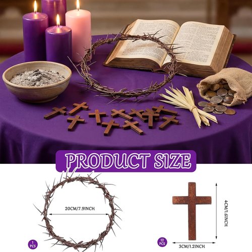 Geelin 13 Pcs Easter Crown of Thorns Set - 8'' Jesus Thorn Wreath & Mini Wooden Cross | Christian Home Decor