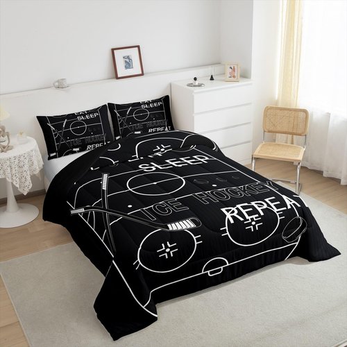 jejeloiu Kids Ice Hockey Comforter Set Twin Size Ice Sports Games Comforter Boys Girls Eat Sleep Hockey Ball Pattern Bedding Set Gaming Sports Theme Black Quilt Set