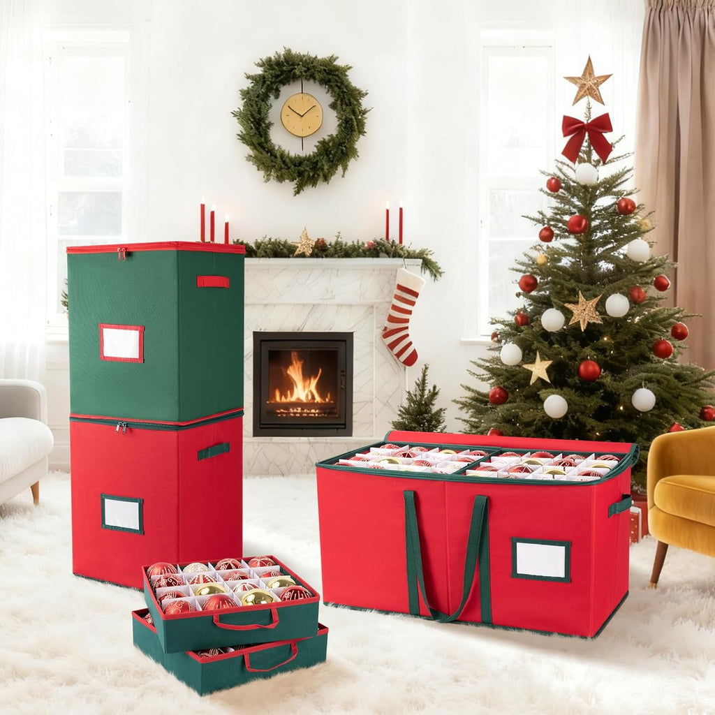 OIAHOMY Christmas Ornament Storage Box - Holds 80 Ornaments with Trays & Zippers, Red 600D Oxford Fabric