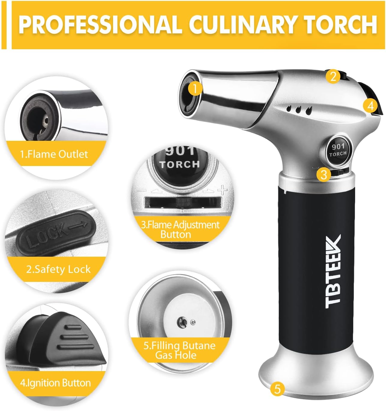 TBTEEK Cooking Torch Lighter - Adjustable Flame & Safety Lock for BBQ, Searing Steak, Creme Brulee | Ideal for Campfires