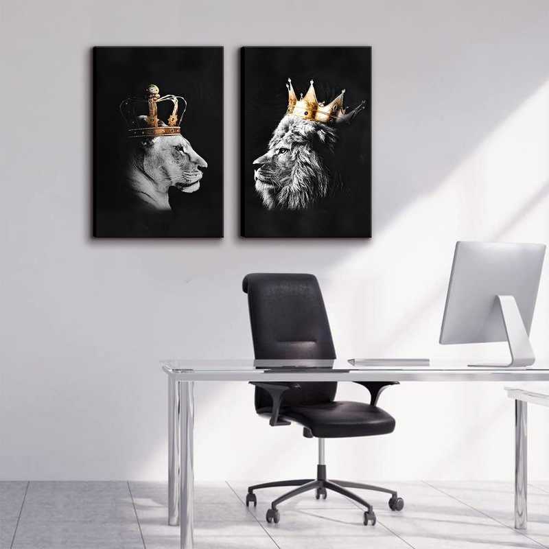 BJVJKSU Black and White Lion Wall Art - King and Queen Lioness Canvas Wall Decor with Gold Crown - Wild Animal Couple Prints Ready to Hang (16x24in)