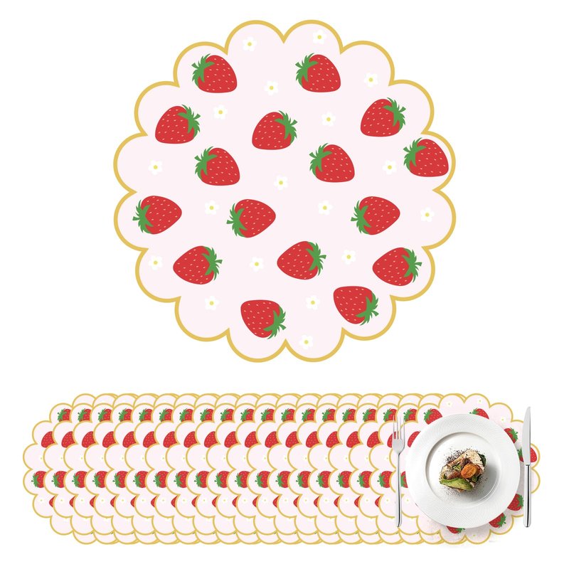 100Pcs Strawberry Paper Placemats Pink Fruit Place Mats 13.5 Inch Disposable Round Decorative Dining Table Mats with Scalloped Edges Paper Cutouts for Spring Birthday Bridal Wedding Party Supplies