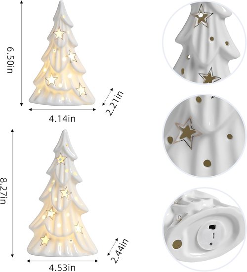 AOMOONOA Ceramic White Christmas Trees - 2Pcs Light-Up Tabletop Porcelain Xmas Tree Figurines for Modern Home Decor