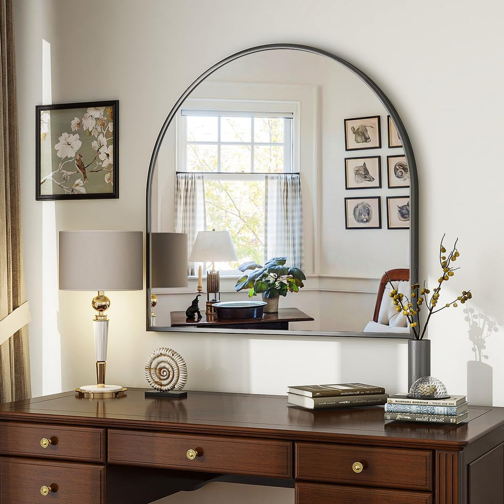 VooBang Wide Arched Wall Mirror - 31 x 32 Inch Modern Bathroom Mirror with Metal Frame | Black Finish