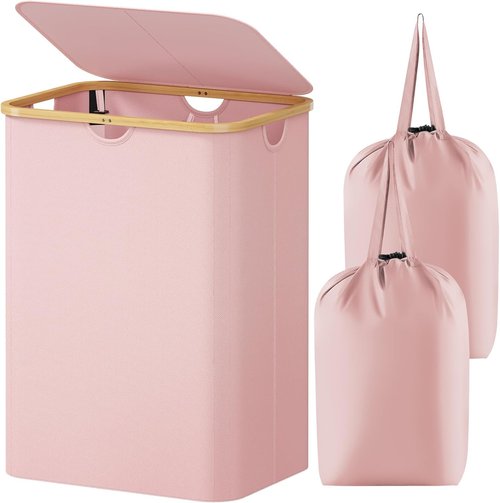Lifewit 150L Laundry Basket - Foldable Hamper with Lid & Bamboo Handles | Pink, Large Capacity