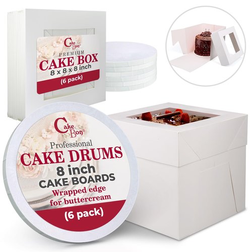 Cakebon Cake Boxes with Boards - 8 Inch Round Cake Drum White (6-pack) - Box With Window for Birthdays, Weddings and Parties