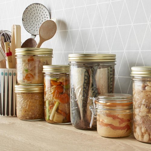 Le Parfait Familia Wiss Terrine Wide Mouth French Glass Jar w/Airtight 2-Piece System Gold Lids | Ideal for Canning, Food Storage, Meal Prep, Cake Jar & DIY Crafts | 32oz Quart (Pack of 4) 1Ld110