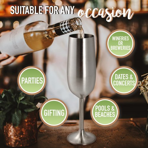 Unbreakable 8 Oz Stainless Steel Champagne Flutes (8 Pack) - Large Stemmed Matte Silver Champagne Glasses - Reusable Indoor Outdoor Drinkware - Keeps Drink Cool for Longer- Valentines Day Gift for Her