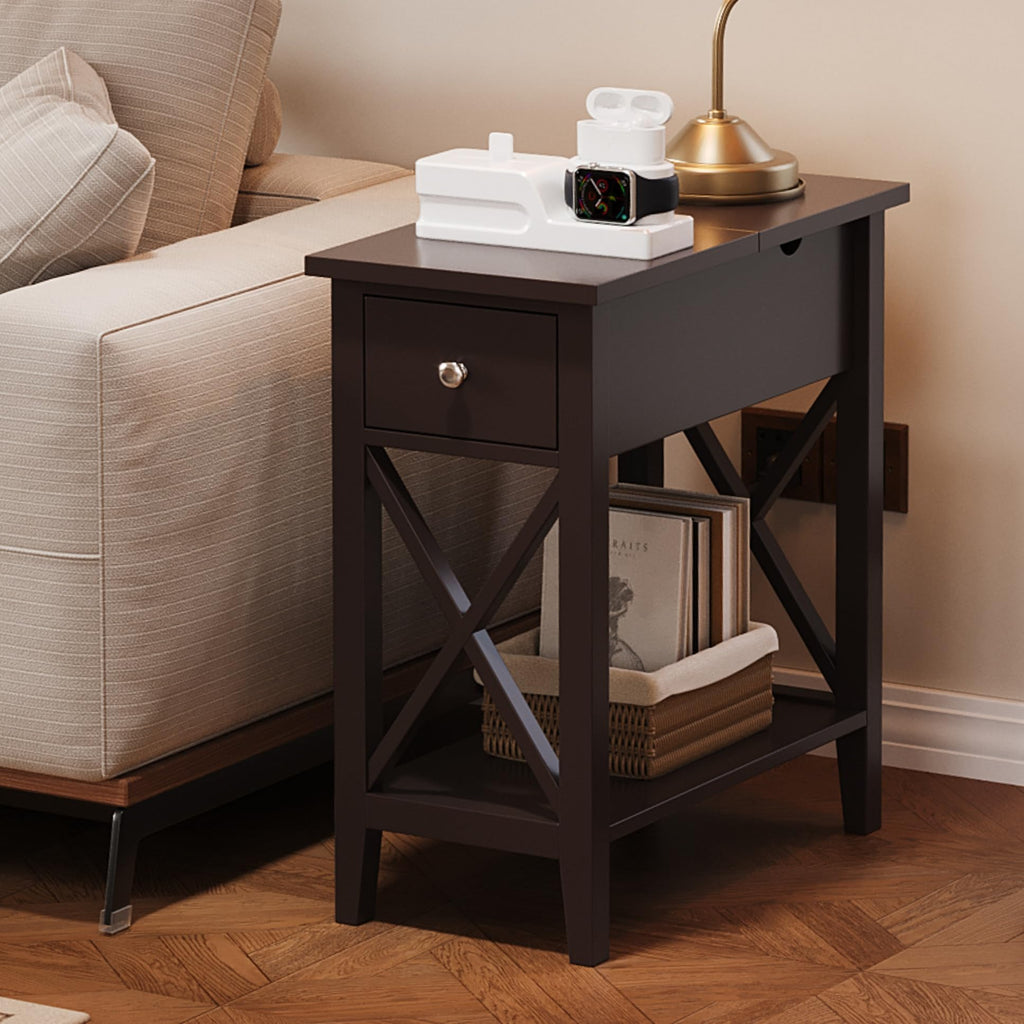 ChooChoo End Table, Flip Top Narrow End Table with Drawer, Accent Small Side Table Nightstand for Living Room, Bedroom, and Small Spaces, Espresso