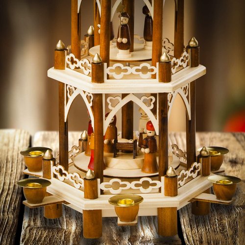German Christmas Decoration Pyramid - 21-Inch Wooden Nativity Scene - 3-Tier Carousel with 6 Candle Holders | Holiday Tabletop Decor