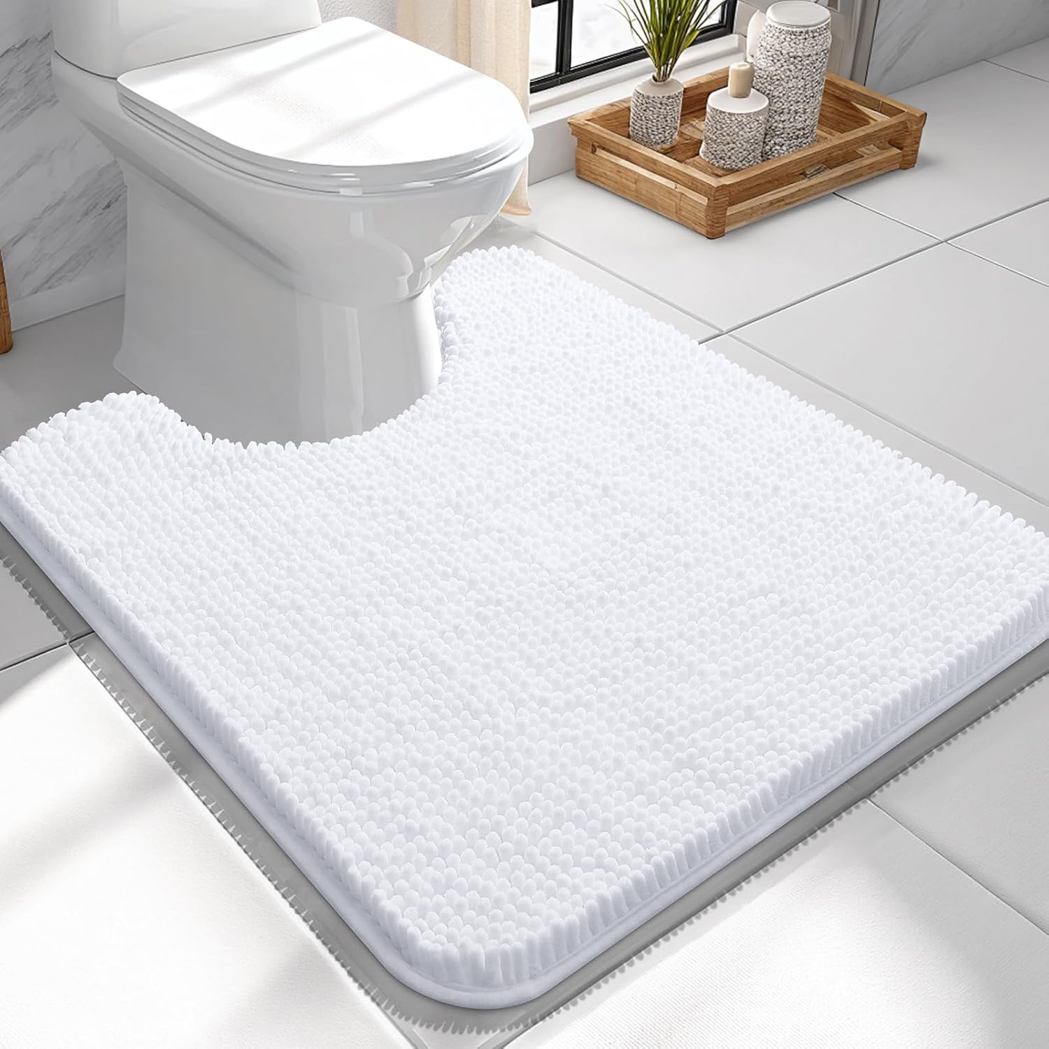OLANLY U-Shaped Toilet Rugs - Extra Soft, Absorbent Chenille Bath Mat | 24x24, Quick-Dry, Non-Slip, White