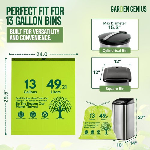 Biodegradable 13-Gallon Kitchen Waste Bags - Strong Heavy-Duty Drawstring Trash Bags | Eco-Friendly 50-Pack