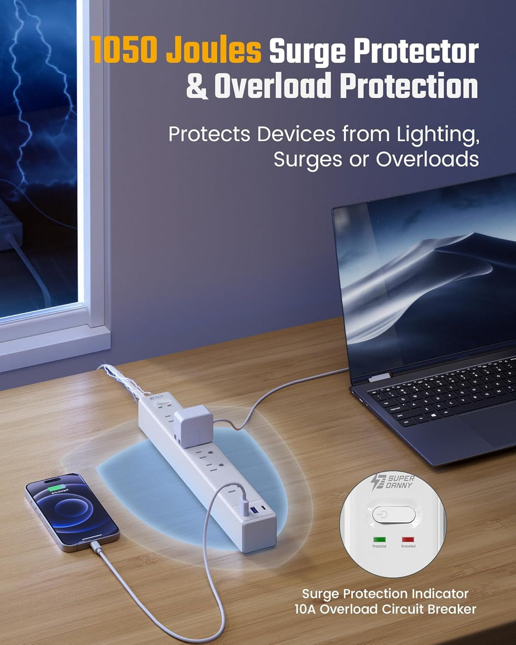SUPERDANNY 10Ft Extension Cord - Flat Plug Surge Protector with 6 Outlets & 3 USB Ports | Ideal for Home Office & Dorm Room Essentials