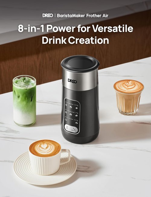 DREO Electric Milk Frother - 8-in-1 Stainless Steel for Latte Art & Coffee | 9oz/270ml, Easy Clean