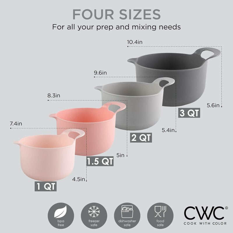COOK WITH COLOR Nesting Plastic Mixing Bowl Set with Pour Spouts and Handles, Pink, 4 Piece Non-Slip