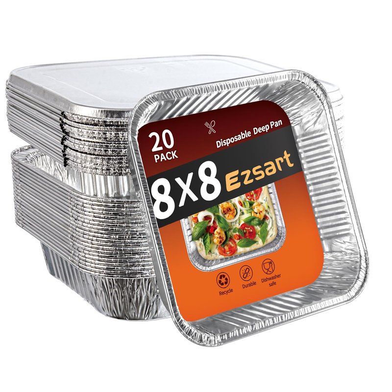 Ezsart 8x8 Aluminum Pans with Lids - 20 Pack Disposable Foil Pans with Lids, Aluminum Containers with Lids for Baking Cake, Holiday Cooking, Heating, Storing, Prepping Food