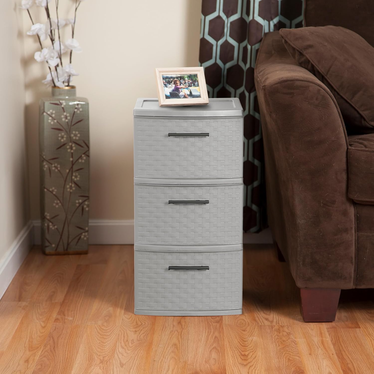 Sterilite 3 Drawer Storage Tower | Lightweight Plastic Weave Organizer - Cement Color for Bedrooms & Closets