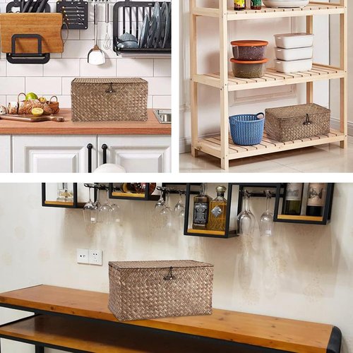 Hipiwe Wicker Shelf Baskets - Handwoven Seagrass Storage Bins with Lid | Rectangular Home Organizer, Coffee Small