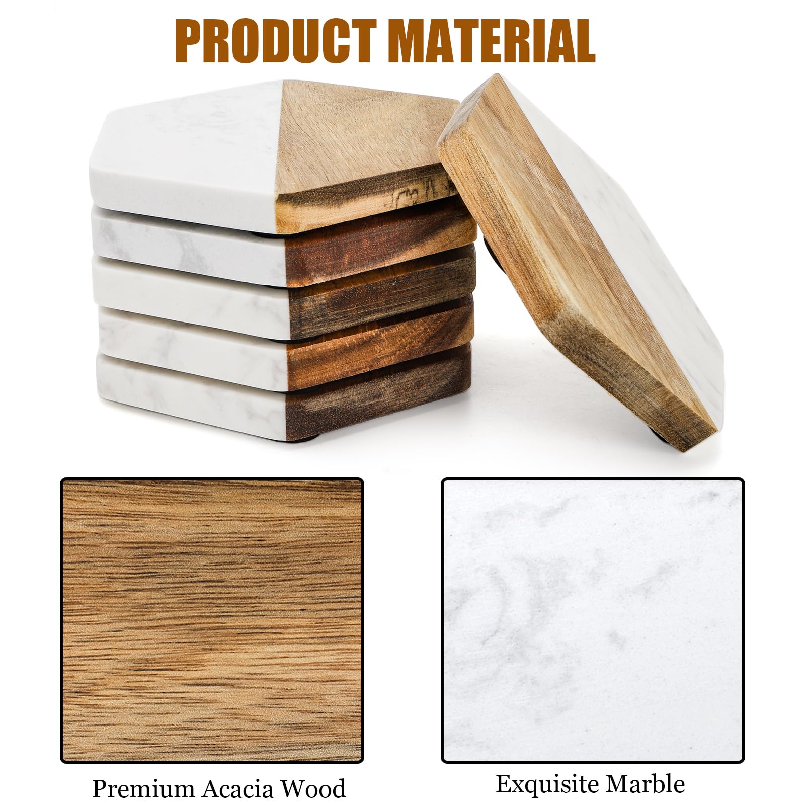 ZENFUN Set of 6 Marble Wood Coaster, Hexagon Geometric Coasters, Handcrafted Marble Coasters Set for Your Drinks and Beverages, Tea, Coffee, Wine/Bar Glasses, Tabletop Protection Helper