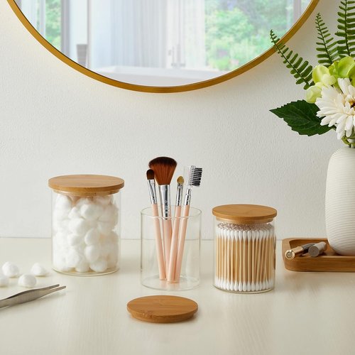 INIUNIK Qtip Holder - 3 Pack Glass Apothecary Jars with Lids | Stylish Bathroom Organizers for Cotton Balls, Swabs, and More