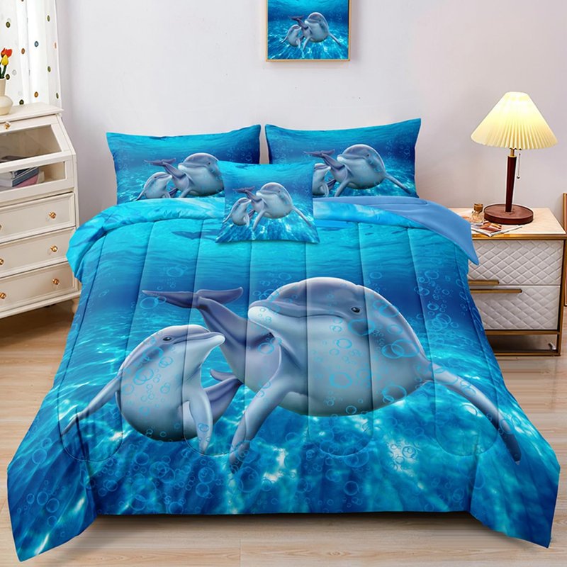 Dolphin comforter set Twin Size Bed in a Bag Cute Dolphin Jumping Blue Ocean Themed Bedding Set for Boys Girls Room Decor with Comforter,Pillow Shams,Flat Sheet,Fitted Sheet,Cushion Cover(Twin 5Pcs)