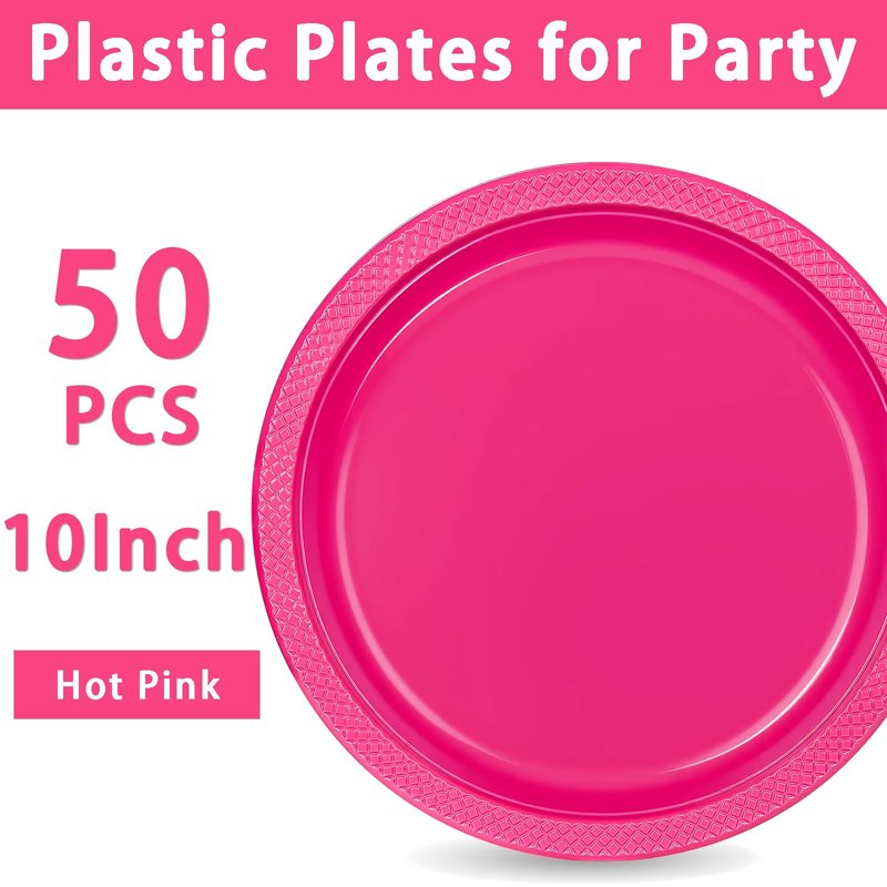 WELLIFE Hot Pink Plastic Plates 10 Inch 50 Count Disposable Plate for Party, Large Big Plates for Dinner Party Supplies Birthday Camping BBQ