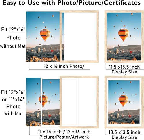 JCJMY 12x16 Picture Frame - Display 11x14 Photos with Mat or 12x16 Without Mat | Natural Wall Hanging Design