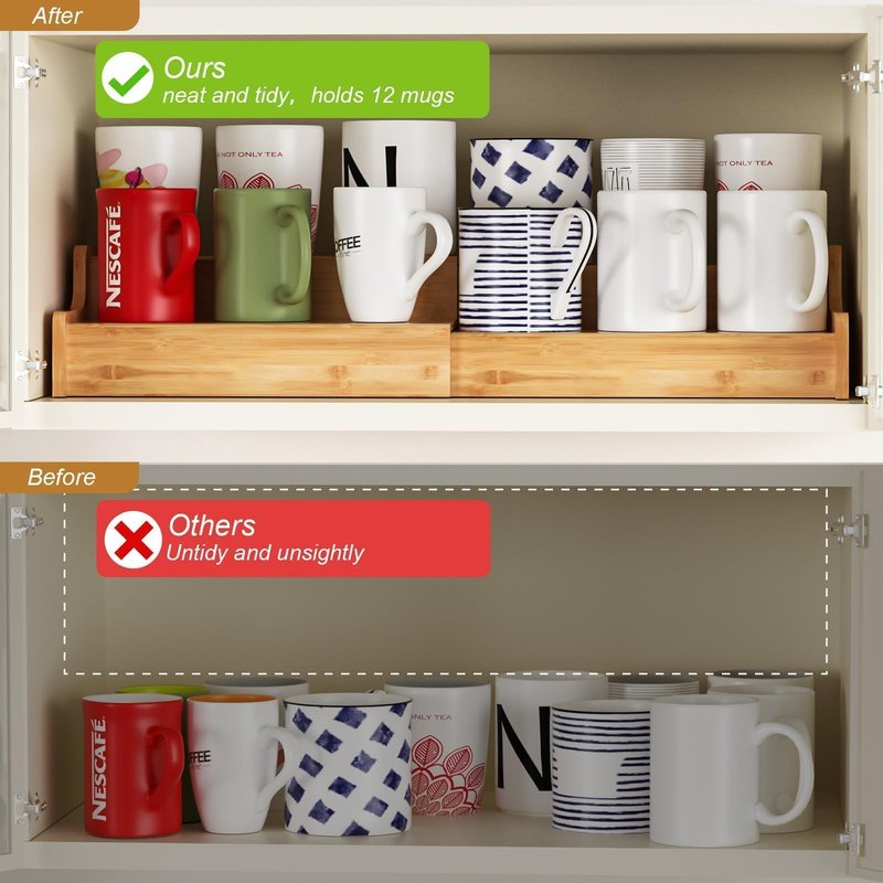 Hongtamoya 2-Tier Expandable Coffee Mug Holder, Mug Organizer for Kitchen Cabinets, Bamboo Mug Cup Rack, Multi-Functional Cup Holder Shelf, Coffee Bar Organizer, Home