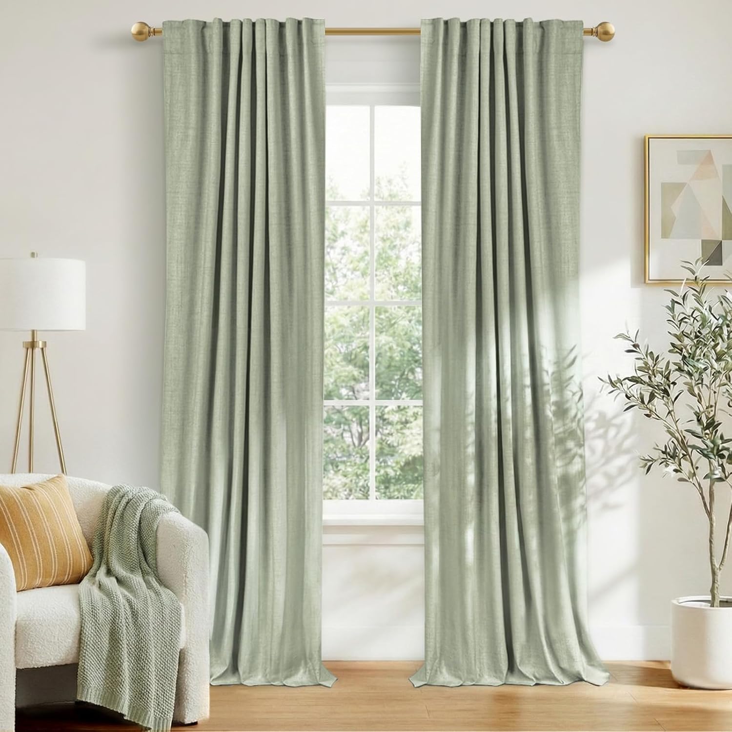 Skiennix 100% Blackout Linen Curtains - Thermal Insulated Drapes, 50" W x 96" L, Sage Green | 2 Panels Set