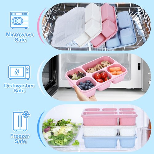 Rinwoc Bento Box Adult [Portion Size], 3 Pack Snack Containers with 5 Compartments for Meal Prep & On-the-Go [Work, Travel], Lunchable Container Reusable and BPA-Free