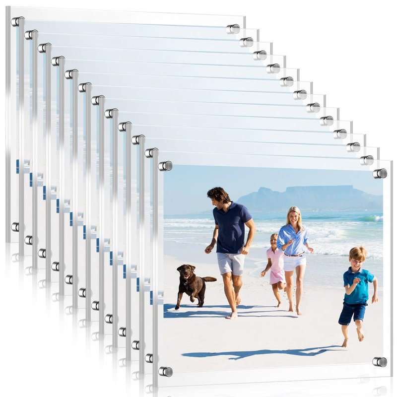 Yalikop 12 Pcs Acrylic Floating Picture Frame 8.5 x 11 Inches Wall Mount Frameless Photo Frames Double Panel Clear for Home Office Photo Display, Full Size 9.6 x 13.2 Inch (Silver)