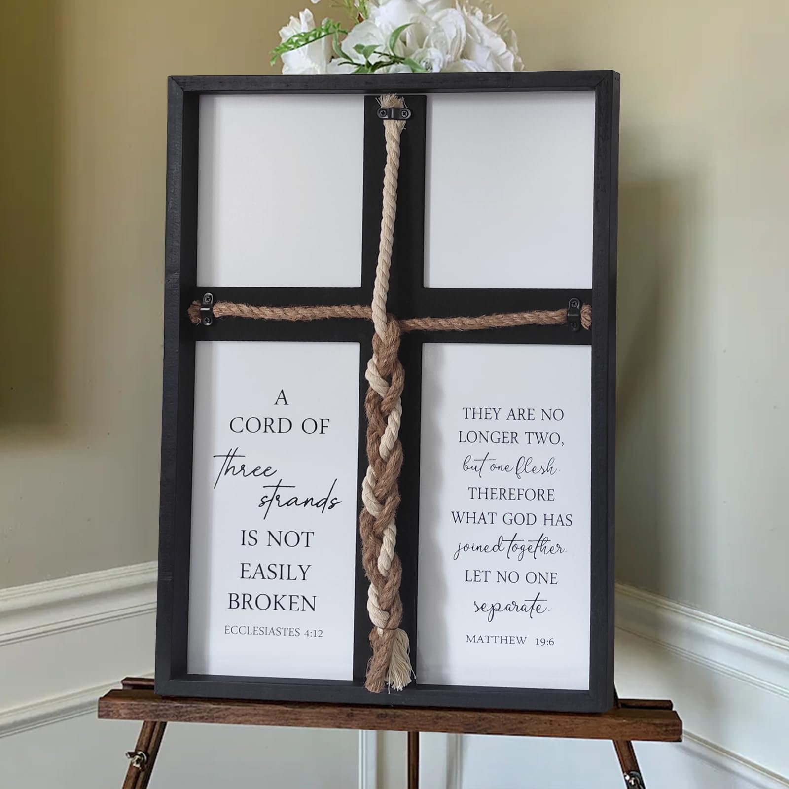 Surfapans A Cord of Three Strands Wedding Ceremony Wall Decor 22"X16" Sand Unity Knot Braid Art Cross Rope Sign Ecclesiastes 4:12 for Couple Anniversary Christian Marriage (Black)