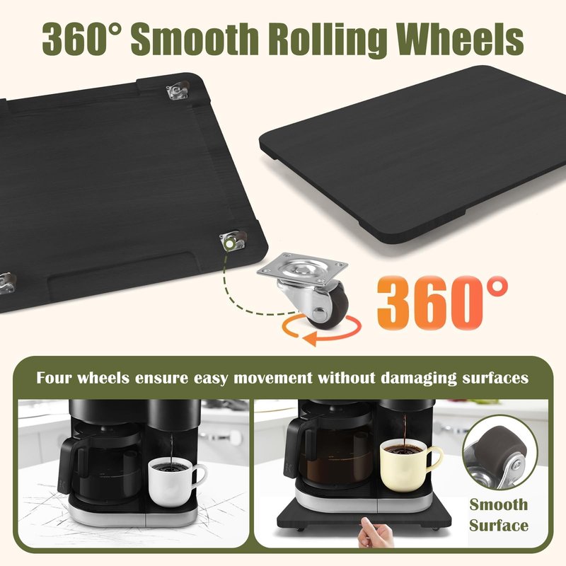 360° Rolling Tray for Coffee Maker, Sliding Tray Countertop Appliance Slider with Rubber Wheels for Heavy Kitchen Appliances, Easily from Under Cabinet (13" W x 16" D, Black)