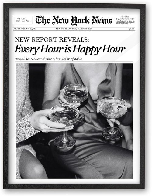 iHery Premium Black Oak Wood Wall Art - Trendy "Every Hour is Happy Hour" Canvas Poster | 8x10in Framed Decor