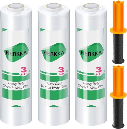 HERKKA Stretch Film - Industrial Strength Moving Wrap with Handles | 15" x 1000 Feet, 3 Pack, 60 Gauge