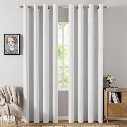 MIULEE Blackout Linen Textured Curtains - Thermal Insulated Room Darkening Drapes | Heathered White, 52 x 96 Inch (2 Panels)