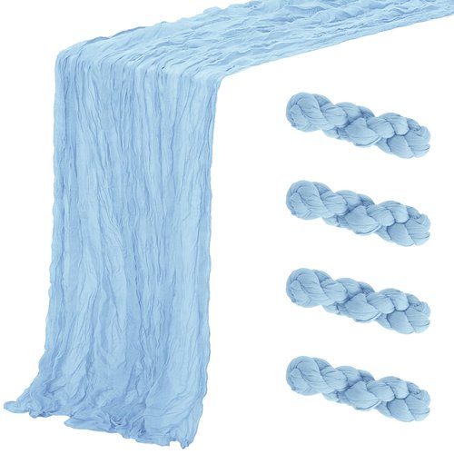 Aktor 4 Pack Light Blue Table Runner Boho Cheesecloth Table Runner Semi Sheer Gauze Fabric Runners for Wedding Birthday Baby Shower Party Boho Table Decoration（Light Blue）