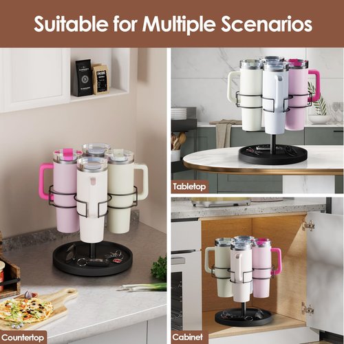 Kssiaz Water Bottle Organizer for Stanley 40 oz Tumbler with Handle, 4 Slots Rotatable Stanley Cup Organizer Holder, Tumbler Organizer for Kitchen Cabinets with Tray, Black