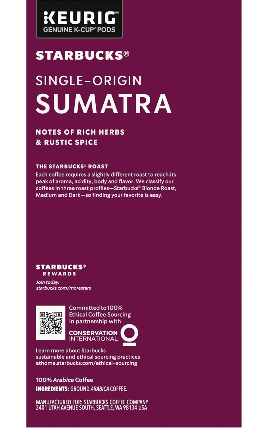 Starbucks K-Cup Pods - Sumatra Dark Roast Coffee - Single-Origin, 32 Count (Pack of 4)