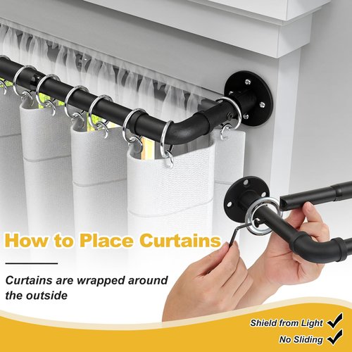 Double Curtain Rods for Windows 28 to 132 Inch Industrial 1 Inch Heavy Duty Dual Black Curtain Rods Set Adjustable Blackout Telescoping Double Wrap Around Curtain Rods for Indoor and Outdoor