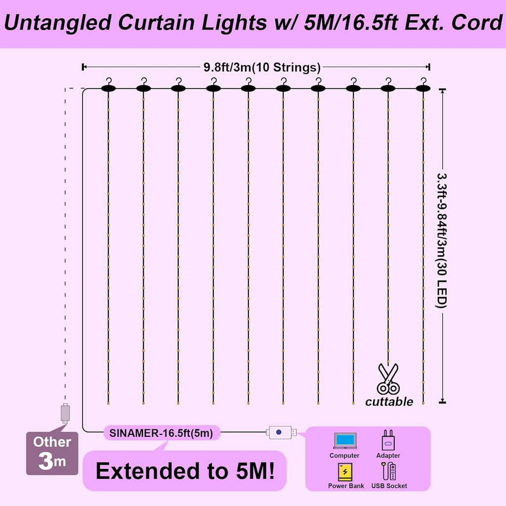 Purple Curtain Light by [Brand Name] - 300 LED Fairy String Lights | 9.8ft x 9.8ft with Remote Control & 8 Modes
