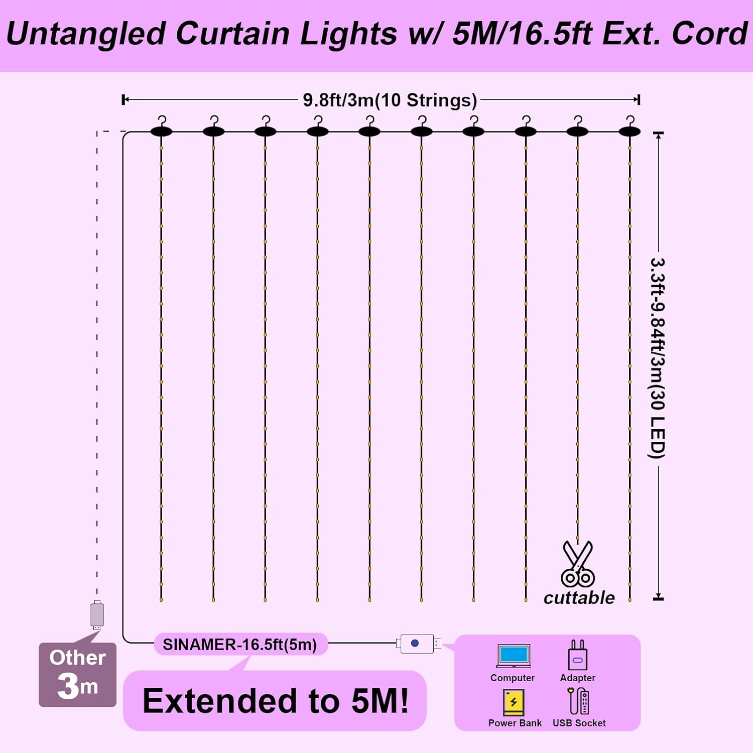 Purple Curtain Light by [Brand Name] - 300 LED Fairy String Lights | 9.8ft x 9.8ft with Remote Control & 8 Modes