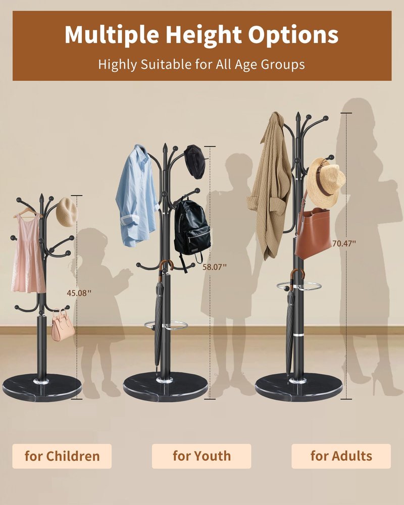 ZIECUKU Metal Coat Rack with Natural Marble Base, Coat Rack Stand with 12 Hooks & Umbrella Holder, Black Modern Freestanging Coat Racks, Coat Jacket Hanger Tree Stand for Corner Entryway Office