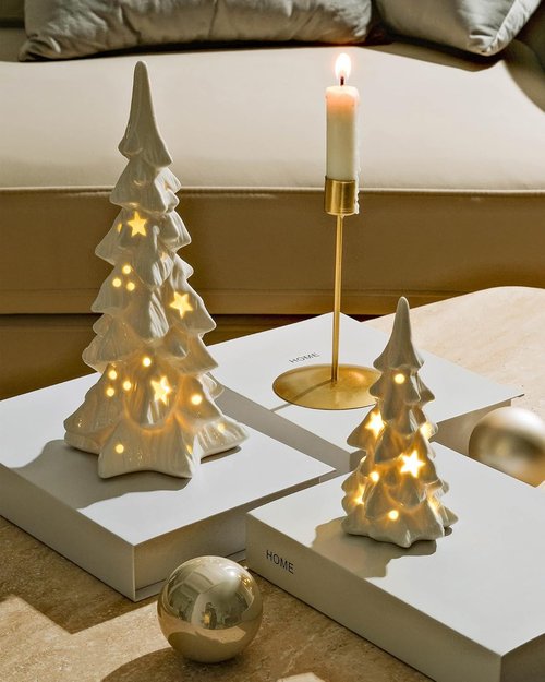 DN DECONATION White Ceramic Christmas Trees - 2Pcs Prelit Tabletop Xmas Tree Figurines with Lights & Cutouts for Neutral Holiday Decor