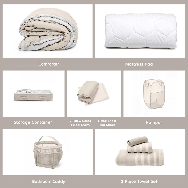 Hearth & Harbor Complete Dorm Room Set, Twin XL Comforter Set, Sheet Set, Mattress Protector, Towels and Organizers - All Dorm Accessories Included
