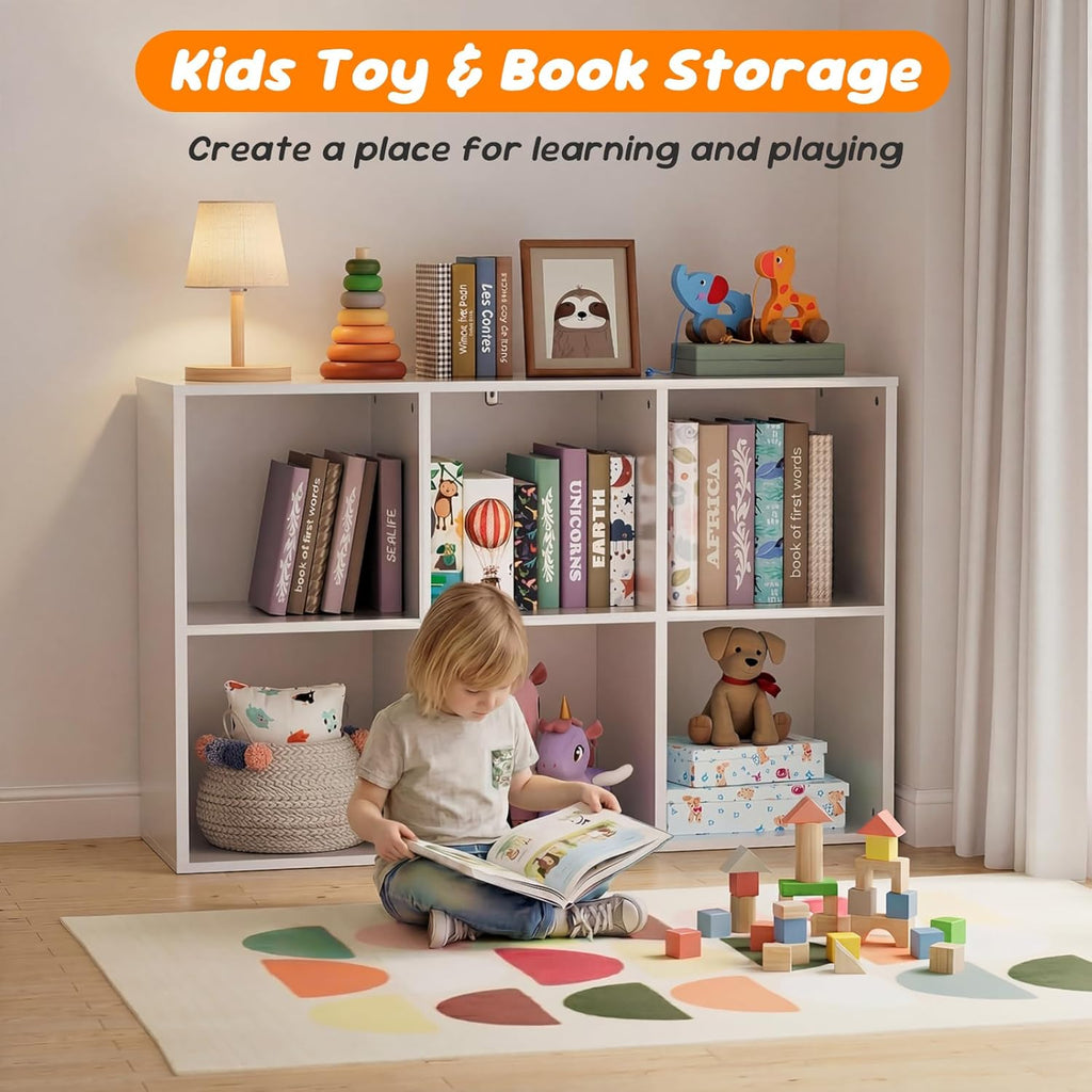 Skiennix 6 Cube Storage Organizer - White Kids Cubby Bookshelf with Anti-Tip Kit & Closed Back Panel